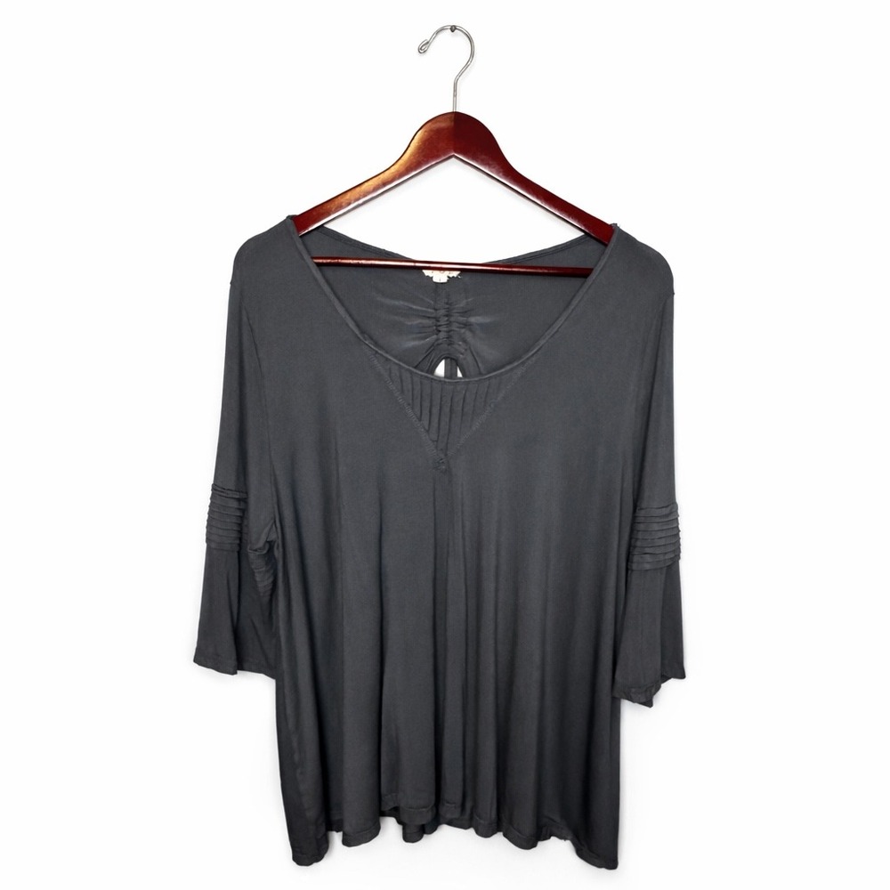 POL Charcoal Gray V-Neck Back Cutout Ruched Tie Top RCT387 Large - Picture 2 of 7